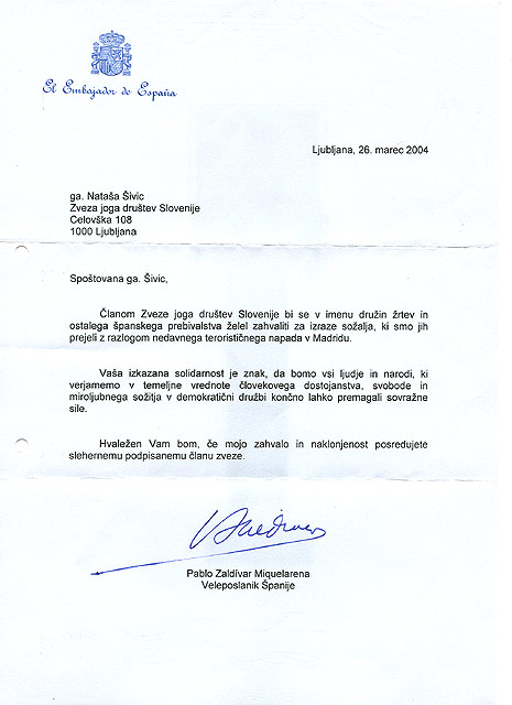 Letter from Spanish Embassy in Ljubljana/Slovenia