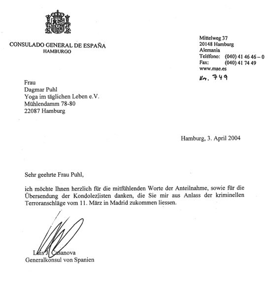 Letter from Spanish Embassy in Hamburg/Germany