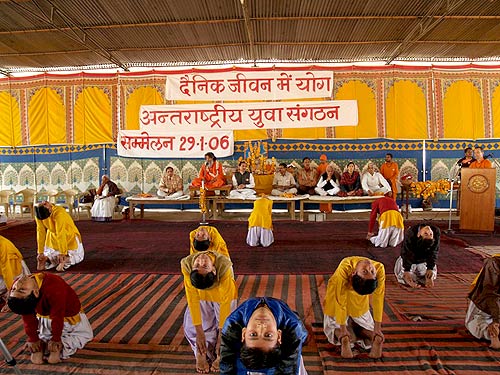 School children of Om Vishwa Deep Gurukul Swami Maheshwarananda Ashram perform yoga asanas